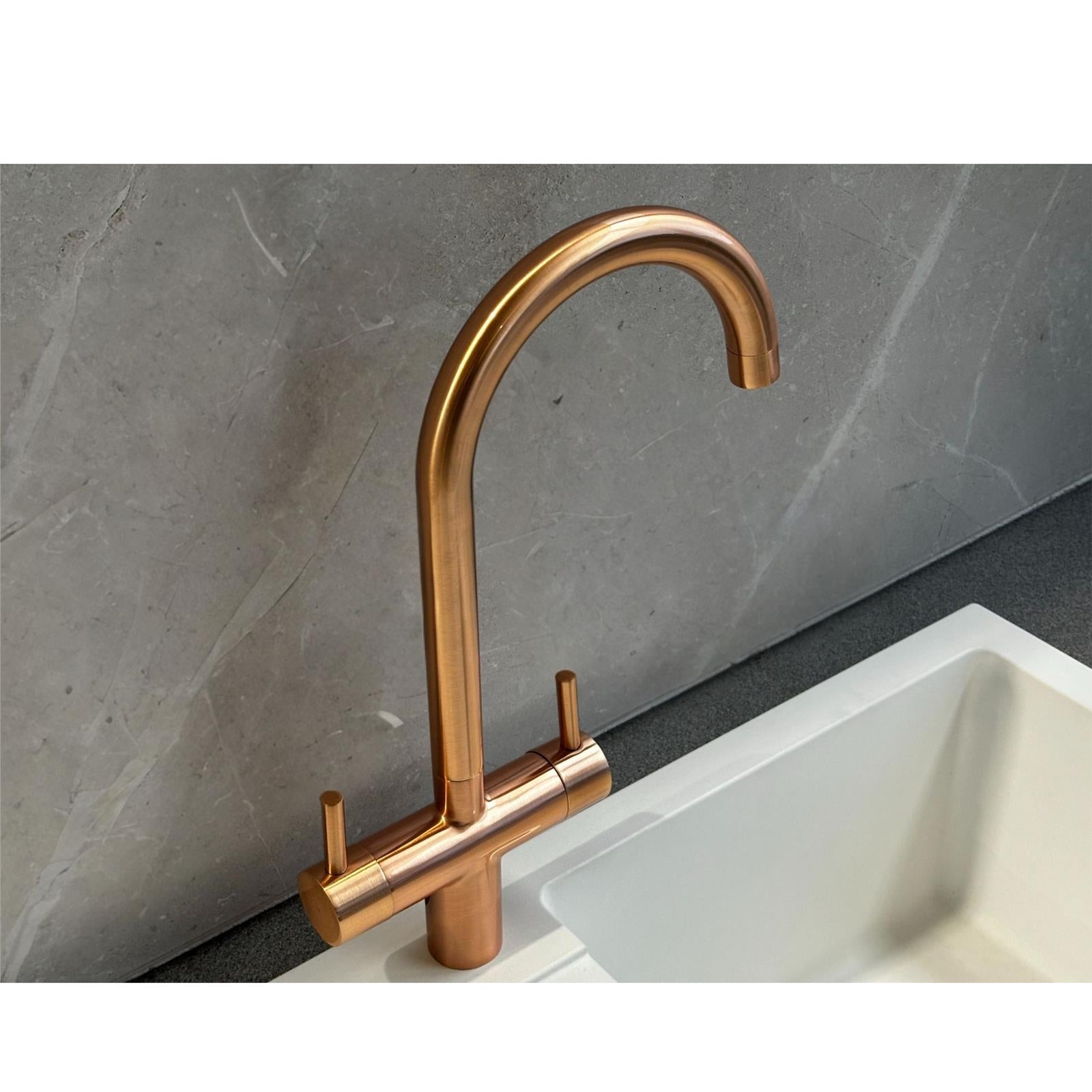 Liquida W03CP Swivel Spout Swan Neck Twin Lever Copper Kitchen Mixer Tap